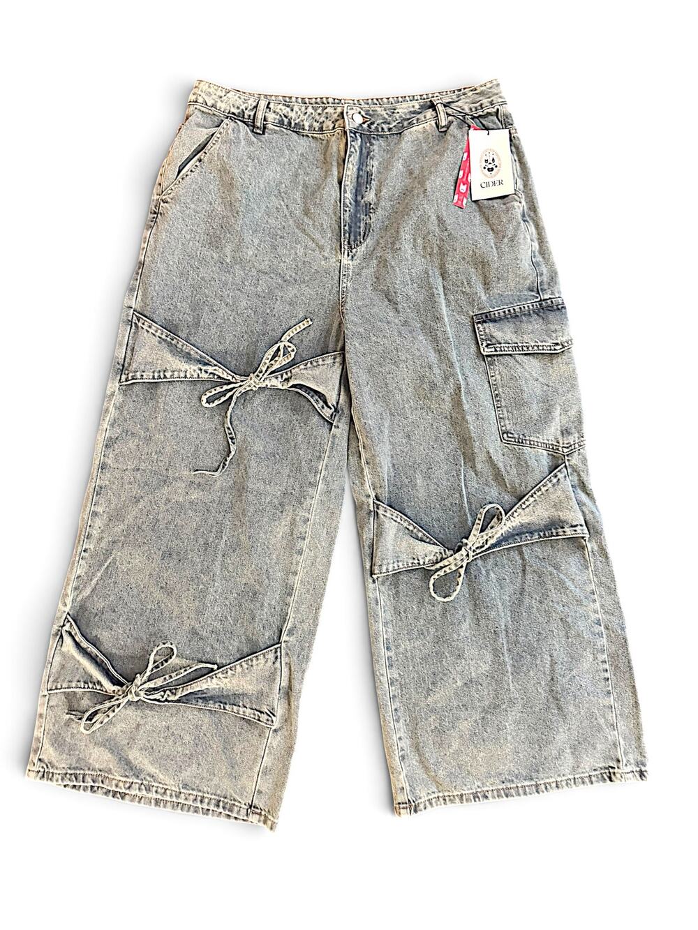 NWT Cider Denim Wide Leg Cargo Jeans Bow Tie Acid Wash Baggy 1X